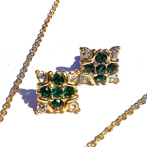 Vintage Emerald Green & Rhinestone Flower Pendant Necklace & Stud Earrings Set - Picture 1 of 8